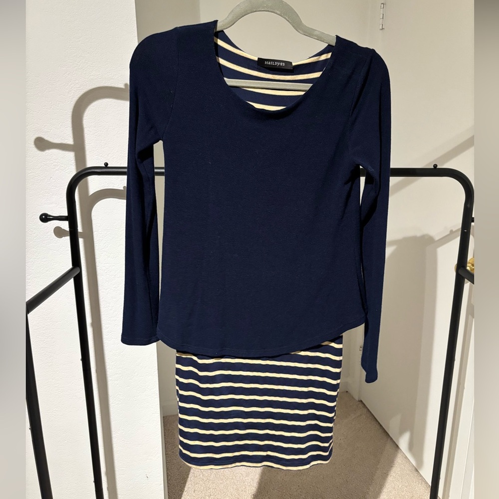 Hail3y:23 Navy and Cream Long Sleeve Mini Shirt Dress
